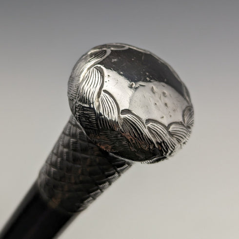 1901 British antique gentleman's walking stick, pure silver, engraved pattern, round handle, 89cm
